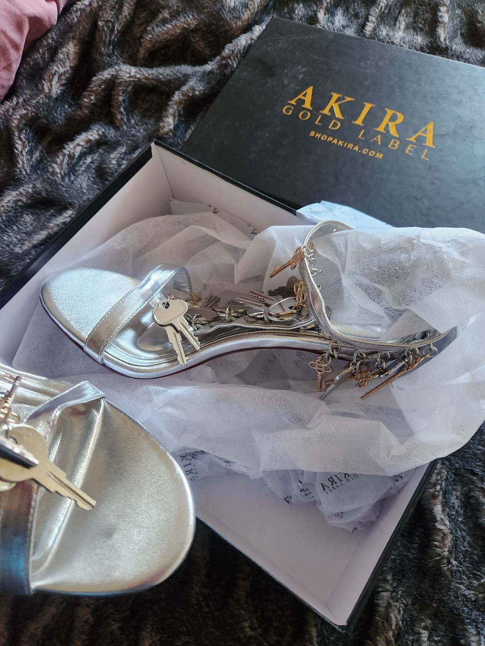 AKIRA Silver Key Charm Stiletto Sandals - Picture 2 of 5